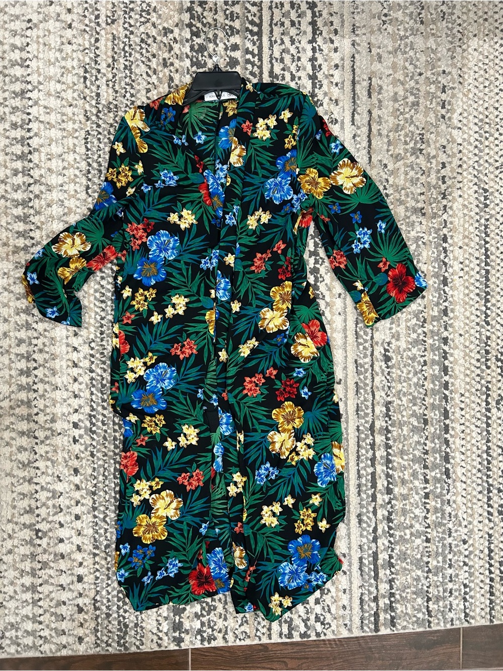 Black Floral Kimono with Multicolor Hibiscus